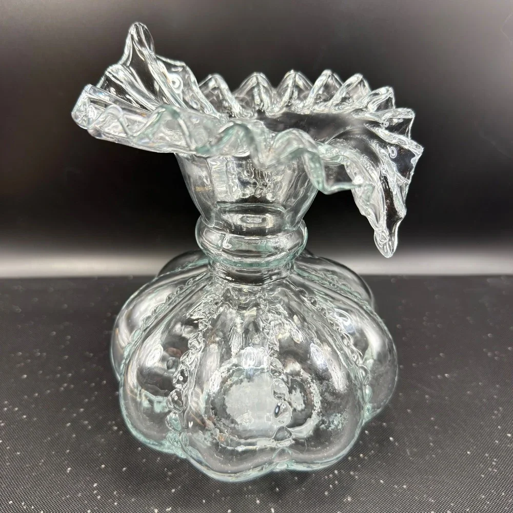 Clear Glass Ruffled Vase Hobnail Lobed Pumpkin‎ Base Heavy 8 Inch Vessel VTG